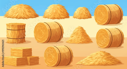 Vector illustration set featuring various shapes of hay bales, piles, and heaps including round bales with binding, square blocks, and pointed stacks of golden dry straw.