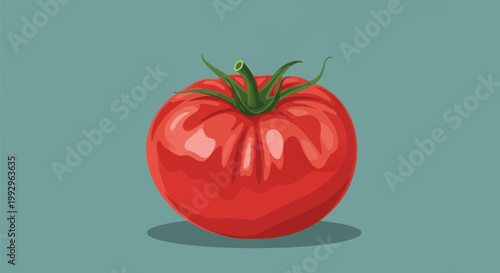 A large red heirloom beefsteak tomato illustration with a green stem and leaves, isolated on a solid teal blue background in a flat vector graphic style with simple shading and shadow.