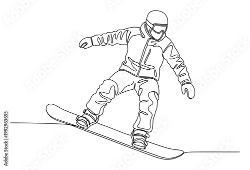 Snowboarder in continuous line art for winter sports promotion and active lifestyle branding