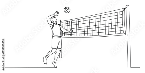 Continuous line drawing of a volleyball player jumping to spike the ball over the net for sports branding