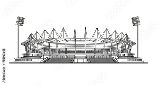 Minimalist line drawing of a modern cricket stadium with large floodlights, tiered seating, architectural roof structures, and main entrance stairs isolated on white background.