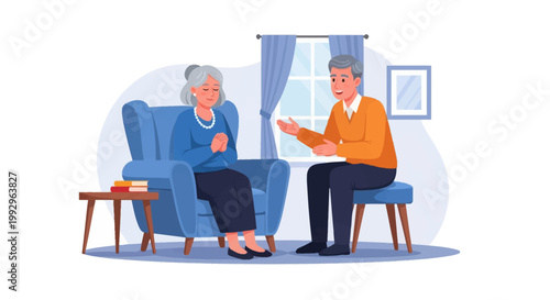 Flat vector illustration of a senior man and woman conversing in a living room. The woman sits in a blue armchair while the man sits on a stool by a window with curtains.
