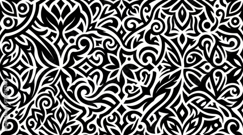 Intricate black and white floral pattern design.
