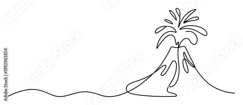 Continuous line drawing of an erupting volcano showcasing natural power and geological activity for educational presentations or environmental campaigns.