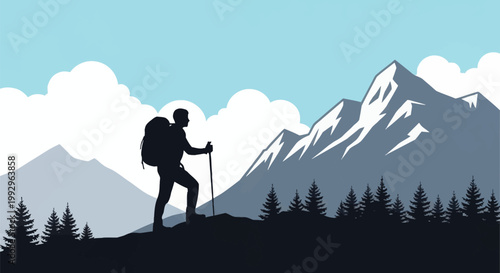 Silhouette of a male hiker carrying a large backpack and using a trekking pole while climbing a mountain ridge, featuring snowy peaks, a pine forest, and clouds in the sky.