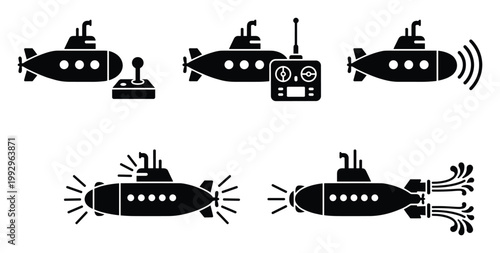 Submarine icons set featuring remote control, sonar, and thrust for nautical and exploration graphics
