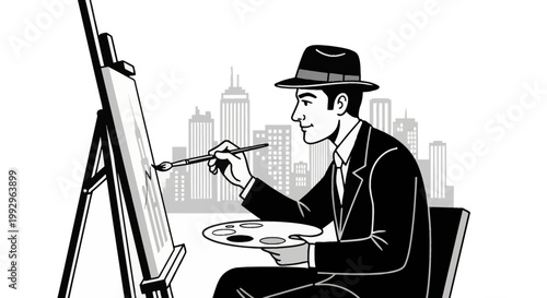 Black and white vector illustration of a male artist wearing a suit and fedora hat painting on an easel canvas with a paintbrush and palette against a city skyline background.