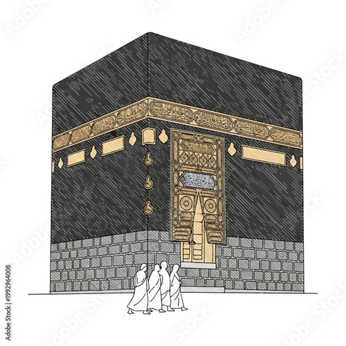Vector illustration of the Holy Kaaba in Mecca, Saudi Arabia, showcasing intricate calligraphy on the Kiswah and golden door with pilgrims in white ihram walking near the base.
