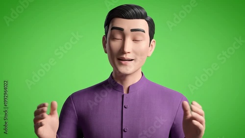 A simple and clean 3D animated male avatar in a purple shirt, presented on a green screen background. Great for presentations, explainer videos, or corporate animations.
