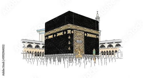 Sketch illustration of the Holy Kaaba in the Great Mosque of Mecca, Saudi Arabia, with gold door and calligraphy, architectural details, and pilgrim outlines on a white background.