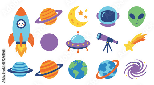 Colorful illustrations of space and astronomy icons.