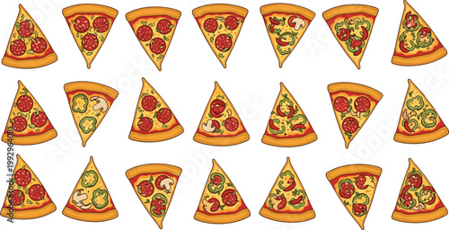 Pizza slices vector set in flat style, assorted Italian food collection with different toppings for restaurant menu, fast food and delivery design
