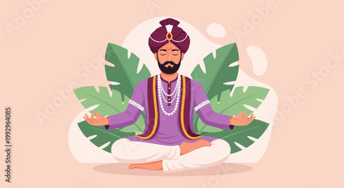 Vector illustration of an Indian man wearing a royal turban and pearl jewelry sitting in a meditative lotus pose with closed eyes against a background of large green tropical leaves.