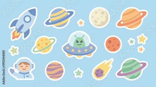 Colorful cartoon space stickers with planets and characters.