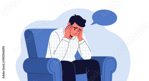 A flat vector illustration depicting a depressed man sitting in a blue armchair holding his head in distress, wearing a checkered shirt, with a blank speech bubble nearby.