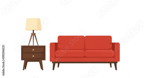 Flat vector illustration of a red mid-century modern two-seater sofa next to a dark wood side table with two drawers and a tripod table lamp, isolated on a white background.