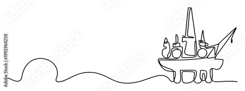 Continuous line drawing of an offshore oil rig platform representing energy production and industrial development projects