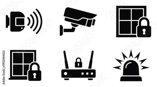 Smart home security icons representing surveillance, motion detection, alarms, and network protection for digital use.