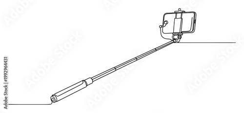 Single continuous line drawing depicting a smartphone attached to an extendable selfie stick for modern communication and digital content.