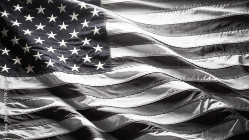 A grayscale American flag waves with graceful folds showing its stars and stripes in a patriotic display