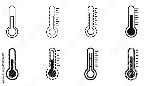 Collection of diverse thermometer icons symbolizing temperature measurement for weather apps and scientific graphics