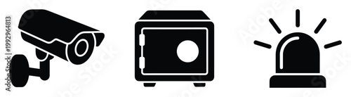 Essential security and protection icons including a surveillance camera, safe, and siren for safety concepts