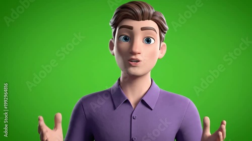 A simple and clean 3D animated male avatar in a purple shirt, presented on a green screen background. Great for presentations, explainer videos, or corporate animations.