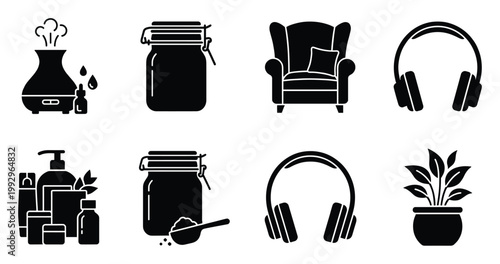 A comprehensive set of black silhouette icons representing home comfort, relaxation, and selfcare essentials for various applications