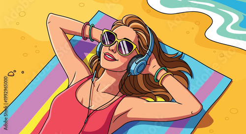 Pop art graphic of a sunbathing girl listening to music at the seaside