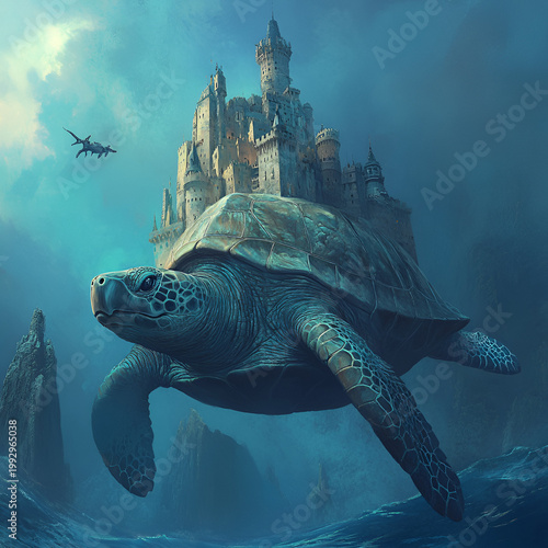 Majestic turtle transporting ancient castle underwater fantasy realm digital art surreal environment wide angle imagination