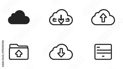 Cloud Icons Set: A collection of simple cloud and data transfer icons, perfect for illustrating cloud storage, data transfer, and information exchange concepts. 