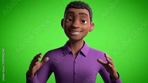A simple and clean 3D animated male avatar in a purple shirt, presented on a green screen background. Great for presentations, explainer videos, or corporate animations.