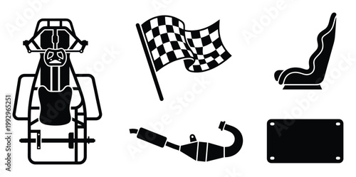 Essential collection of motorsport racing and karting equipment icons for sports graphics and event promotions applications