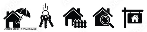 Comprehensive real estate icons symbolizing home protection ownership search and sale for property management applications