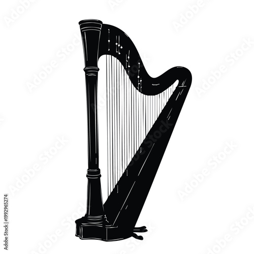 Black silhouette musical harp instrument bundle for classic designs.