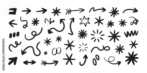 Hand drawn doodle icons set with arrows stars and abstract elements.