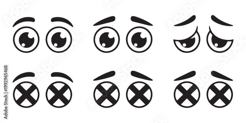 Cartoon eye pairs showing different emotions like happiness sadness and shock with expressive eyebrows.