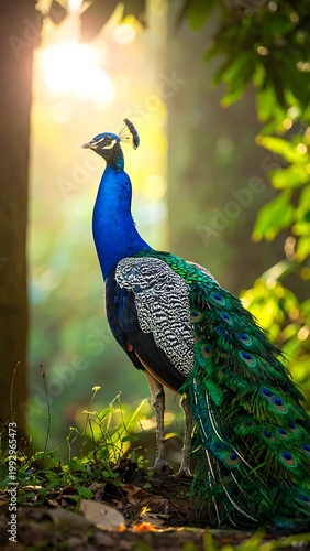 A vibrant peacock stands in a sunlit forest