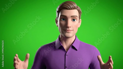 A simple and clean 3D animated male avatar in a purple shirt, presented on a green screen background. Great for presentations, explainer videos, or corporate animations.