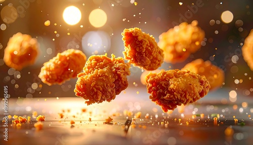 Crispy fried chicken pieces flying through air with bokeh lights