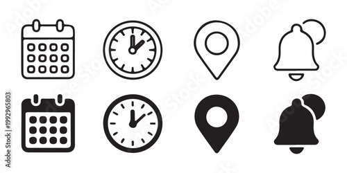 Set of calendar and clock icons in outline and solid styles for time management and scheduling, useful for apps.