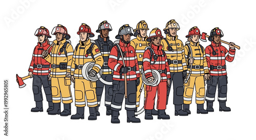 Group of diverse firefighters in uniform with equipment