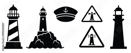 Black silhouette collection of nautical lighthouses and captain hat perfect for marine safety guidance icons