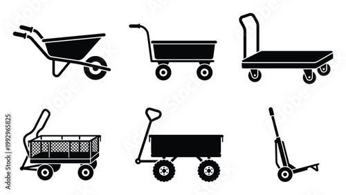 Collection of hand operated utility carts and wheelbarrows for construction garden warehouse logistics and transportation needs