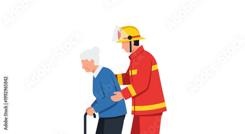 Firefighter assisting elderly woman with walking stick on white background