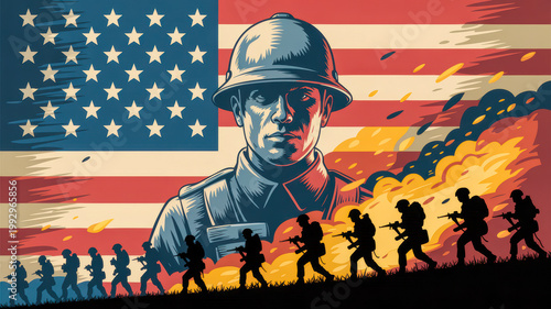 American soldier stands steadfast before the US flag while troops advance into a fiery battle scene