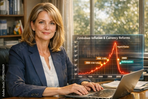 Zimbabwe Monetary Policy Analyst Reviews Historic Hyperinflation and Currency Reform Dollarization Data on Holographic Chart