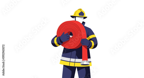 Illustration of firefighter holding a red hose on white background