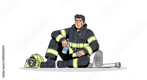 Firefighter resting with gear and water bottle on white background