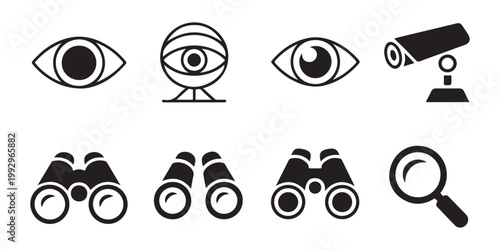 Set of icons: eyes security camera binoculars and magnifying glass for visual search and surveillance.